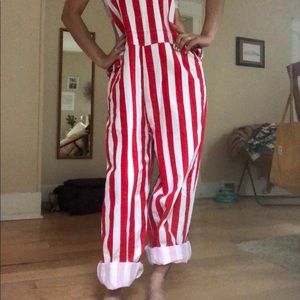 Unisex red and white striped bib overalls